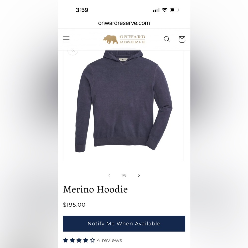 Onward Reserve Men's Navy Blue Merino Hoodie